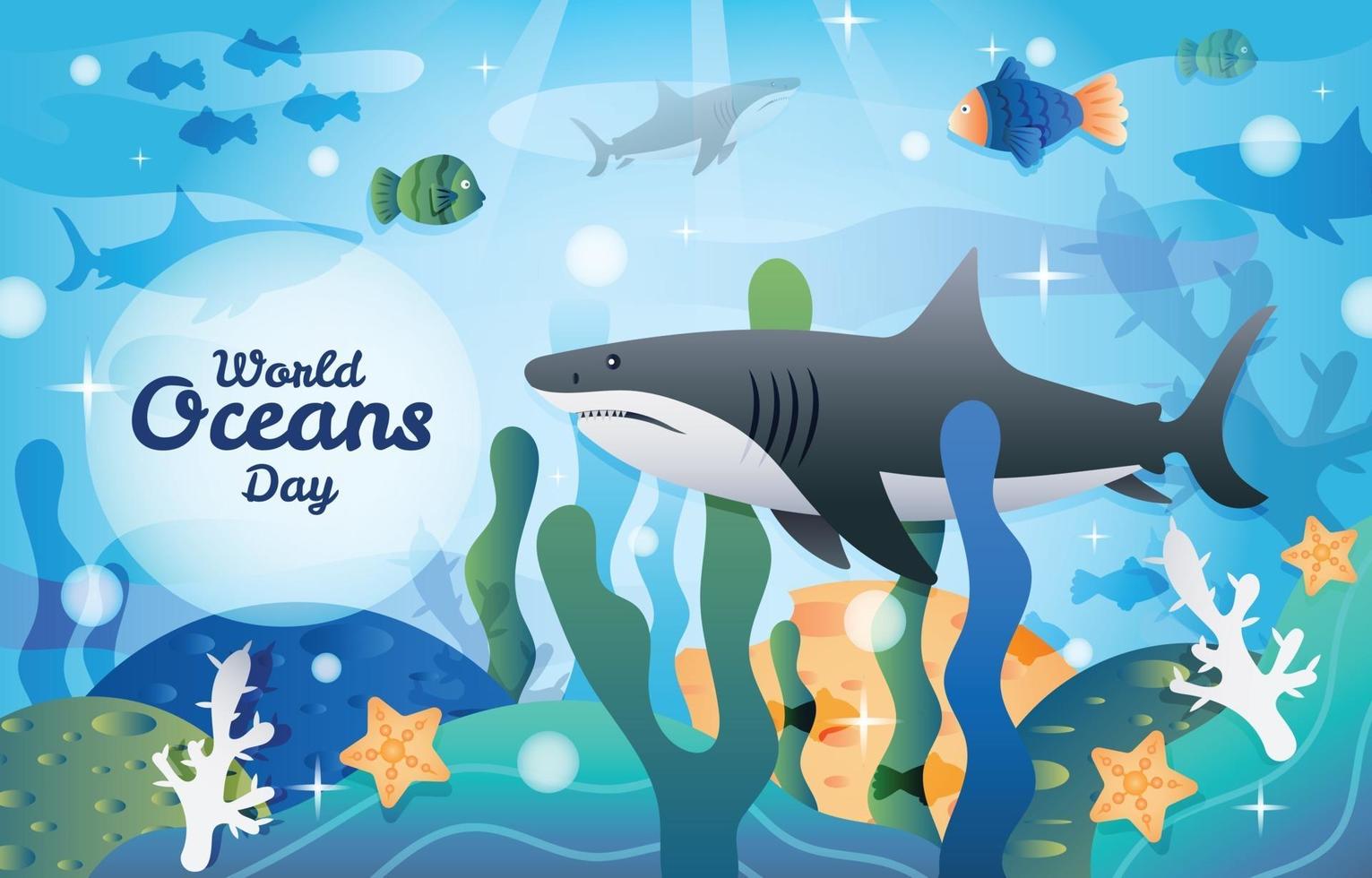 World oceans day with shark background template free vector